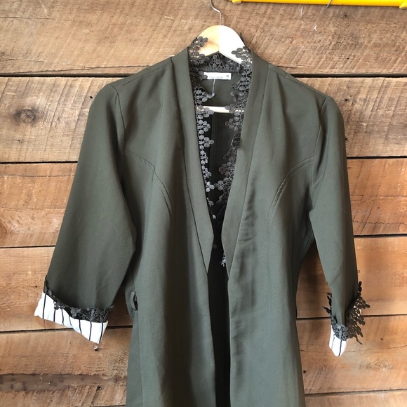 Open Front Blazer w Crochet Lace Trim in Olive - Picture 4 of 11